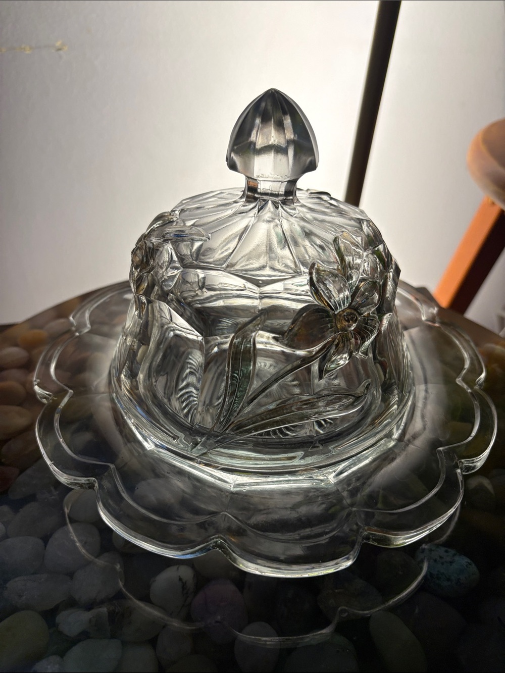 Pressed Glass Flower-Covered Butter Dish with Knob